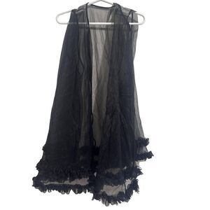 Vintage Sheer Black Peignoir Robe with Ruffle Hem Sleeveless Lace Whimsygoth
